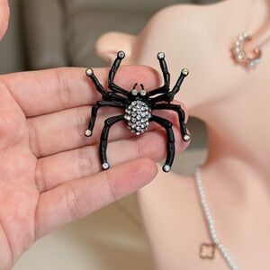 Black Crystal Spider Brooch - Rhinestone Accent
